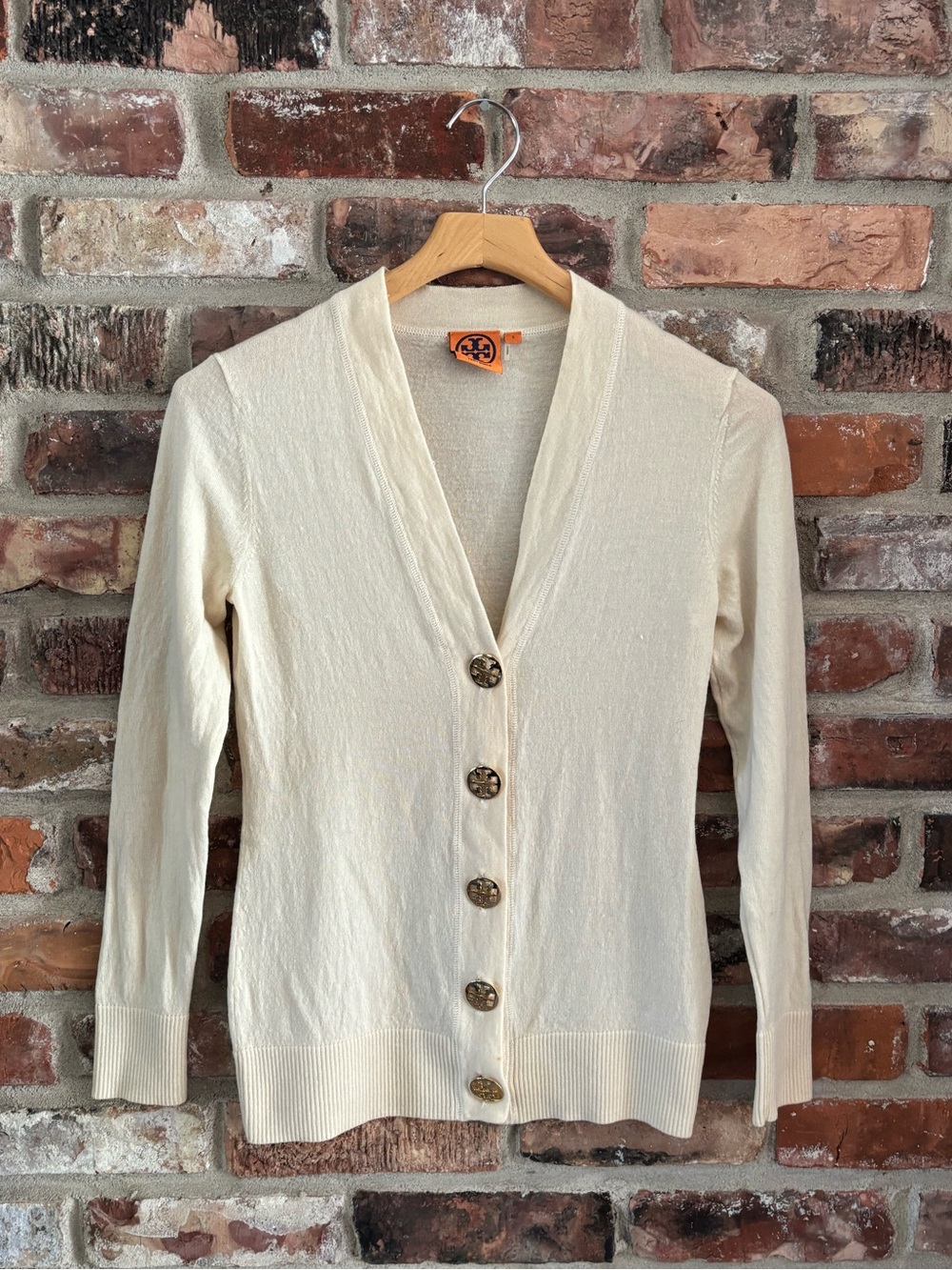 Tory Burch Ivory Merino Wool Cardigan V Neck Sweater, S